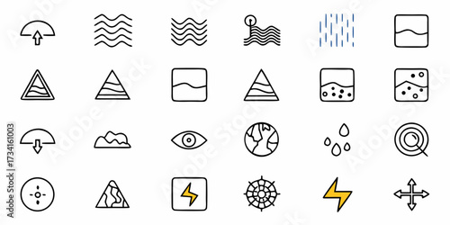 Diverse collection of hand-drawn icons representing nature, weather, science, and user interface elements for modern design projects