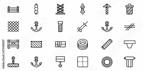 Diverse collection of nautical and industrial icons featuring anchors, crates, ropes, filters, and construction elements for creative projects and maritime themes