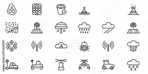 Dynamic collection of modern icons depicting agriculture technology, weather patterns, and smart farming innovations for digital presentations and tech concepts