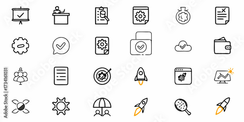 Dynamic collection of hand-drawn business icons symbolizing growth, strategy, success, and collaboration, perfect for presentations, websites, and modern branding.
