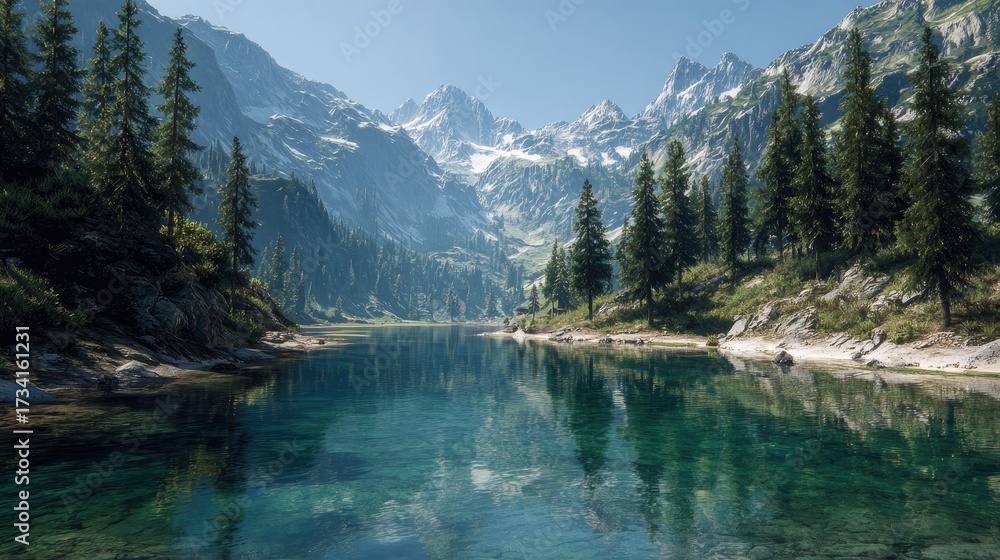 Fototapeta premium Mountain lake reflecting serene peaks