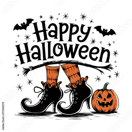 Happy halloween witch legs and pumpkin isolated on white background