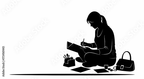 Creative woman engrossed in crafting project with supplies in a clean, modern space