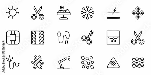 Diverse collection of hand-drawn icons representing technology, science, fashion, and abstract concepts, perfect for modern design projects and educational materials, offering a unique artistic touch.