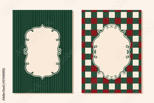 Merry Christmas Festive Frames. Winter Holidays Posters Set with Plaid Pattern and Vintage Elegant Empty Frame. Christmas Invitation Cards Set
