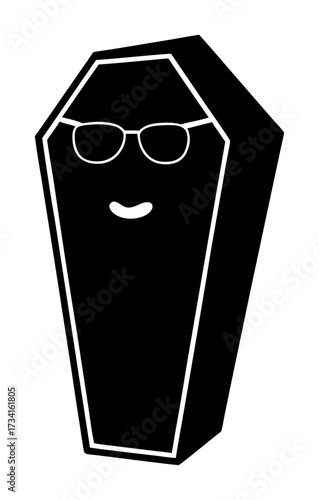 Halloween vector art of a black silhouette of a coffin with sunglasses and a smile, isolated a, representing a cool or hip coffin