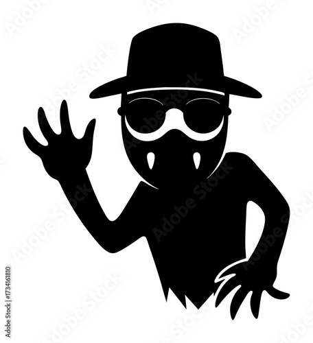 Halloween vector art of a black silhouette of a mysterious figure wearing a hat and sunglasses, with a mask covering the lower face, waving with one hand, isolated a