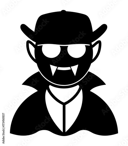 Halloween vector art of stylized black and silhouette of a cartoon vampire wearing a hat and sunglasses