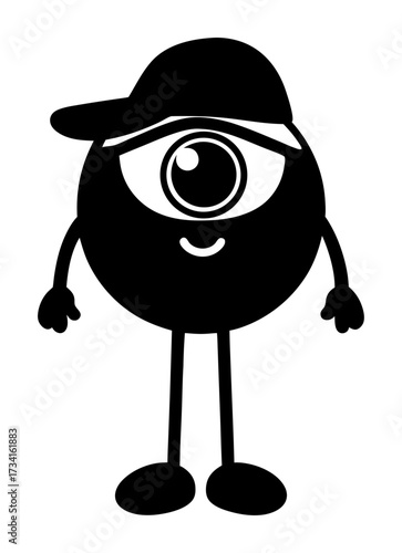Halloween vector art of a black silhouette of a cartoon cyclops character wearing a baseball cap