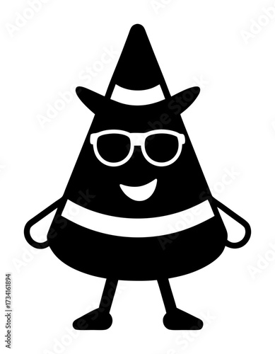 Halloween vector art of a cartoon illustration of a smiling conical flask character wearing a hat and sunglasses, with arms and legs, isolated a