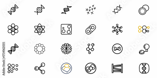 Explore science with these biology icons, from DNA structures to atoms, perfect for educational resources, research presentations, and scientific publications, scalable graphics