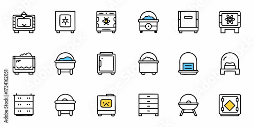 Modern furniture icons featuring dressers, cabinets, and safes, perfect for interior design, home decor, and storage solutions, originally created as a scalable graphic