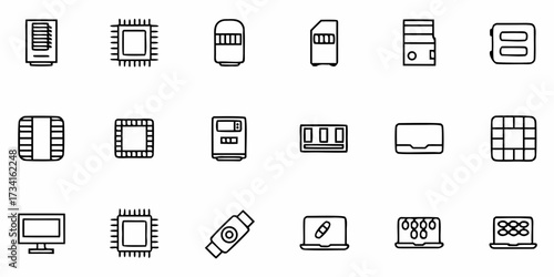 Electronics Icons for Modern Tech Designs: Outline Style, Microchips, Gadgets, Computer Parts and More for a Clean and Minimalist Look, Originally a Scalable Vector Graphic