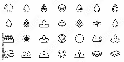 Versatile set of water droplet icons for web and app design, representing hydration, cleaning, and purity in a modern, minimalist style with clean lines