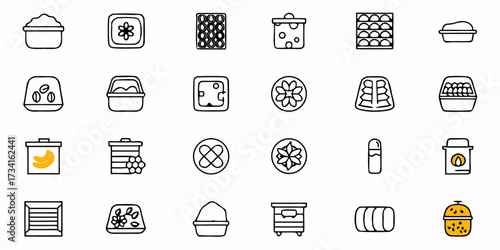 Honey harvest icons for beekeeping businesses, beekeeping equipment, honey pots, banana containers, honeycombs, and beehives in a cute cartoon style