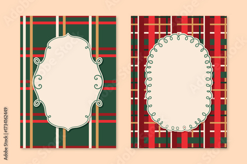 Traditional Christmas Festive Frames. Winter Holidays Posters Set with Plaid Pattern and Vintage Elegant Empty Frame. Christmas Invitation Cards Set