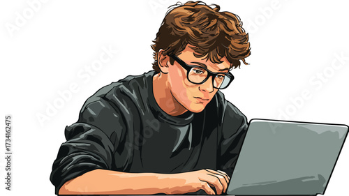 Focused Teenage Boy Working on Laptop Vector Graphic