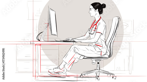 Focused Female Nurse Sitting Working Professionally Vector Illustration