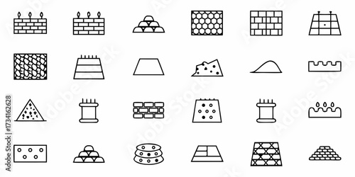 Diverse Line Art Collection Showcasing Honeycomb, Brick Walls, Cheese, and Structures, Perfect for Illustrative Projects or Design Elements, Originally a Scalable Vector Graphic