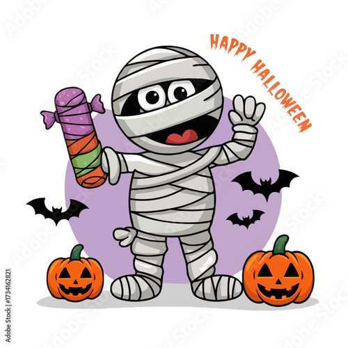 Cute cartoon mummy holding candy with pumpkins and bats isolated on white background