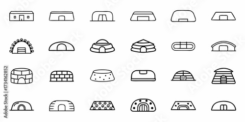 Diverse collection of hand-drawn shelters, tents, and igloos representing various housing and dwelling types for travel, camping, and cultural exploration themes.