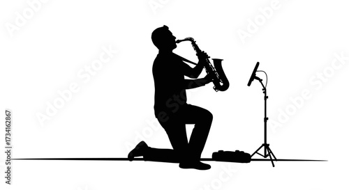 Dynamic saxophonist performing solo on stage with microphone stand and case silhouette