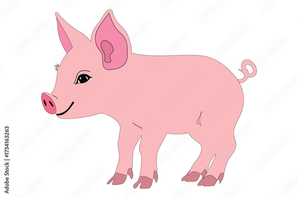 Fototapeta premium Cute cartoon pig vector illustration with pink body, big ears, and curly tail.