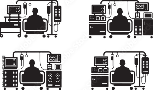 Patient Care in Intensive Care Unit Vector Silhouette Illustration Isolated
