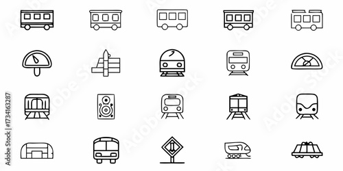 Dynamic collection of modern train icons and transportation elements, perfect for travel and transit projects