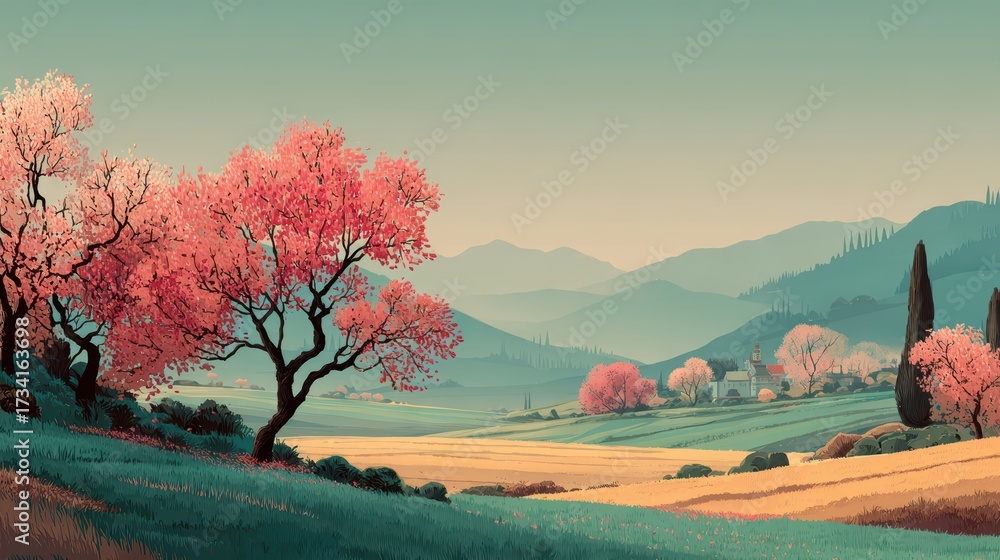 Naklejka premium Serene Spring Landscape with Pink Trees and Rolling Hills at Dusk