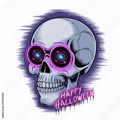 Stylized skull wearing pink retro glasses with happy halloween text isolated on white background