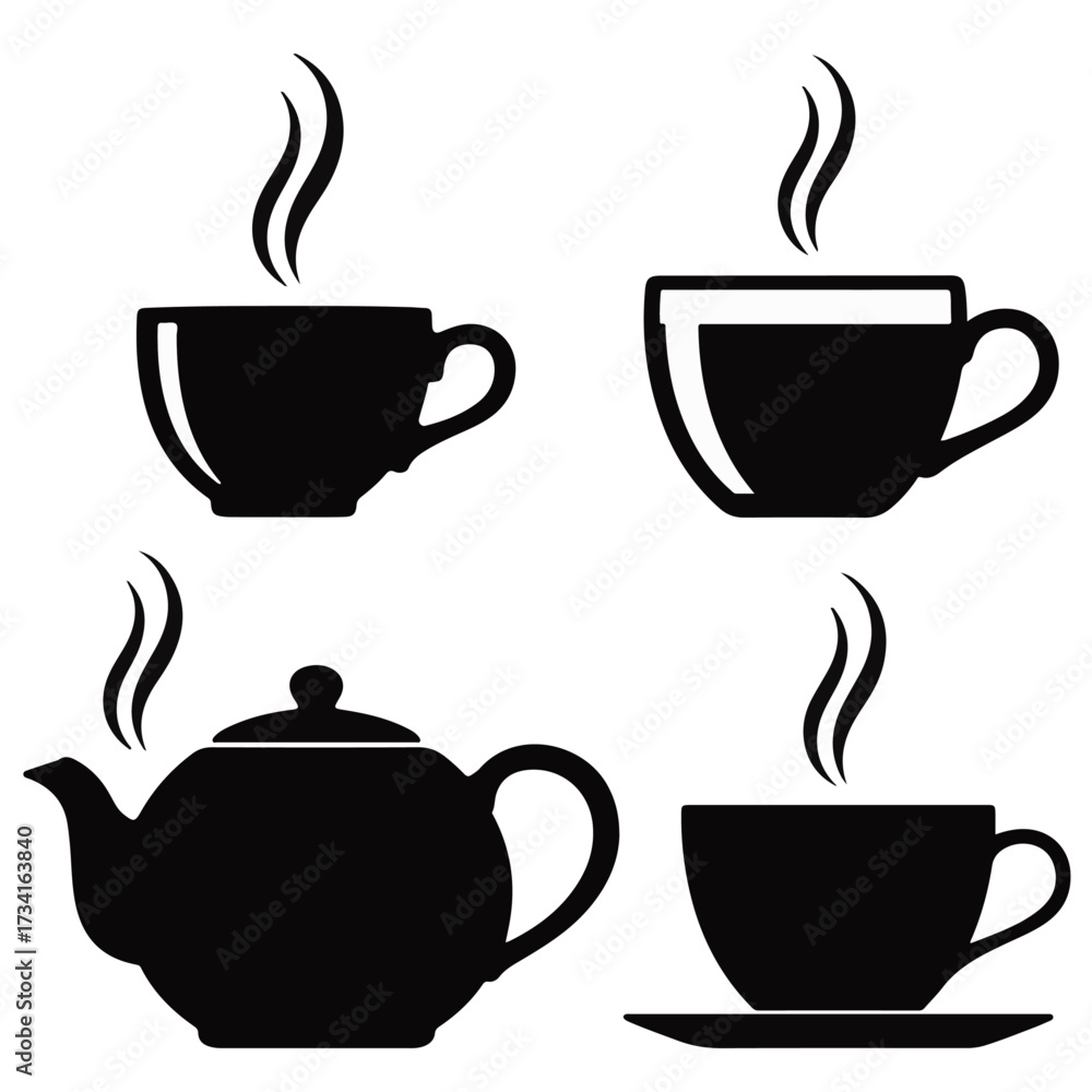 Obraz premium Steaming Hot Drinks An Assortment of Tea and Coffee in Silhouette