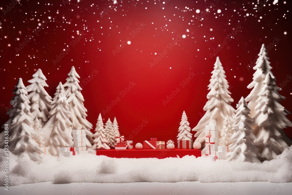 Fototapeta premium White stage podium tree snow christmas.