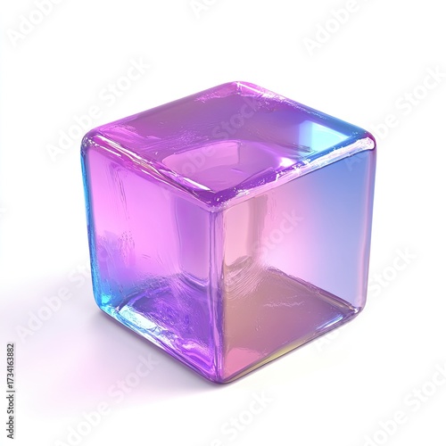 A vibrant, iridescent, translucent cube, gradient hues of purple and pink, sits on a white surface