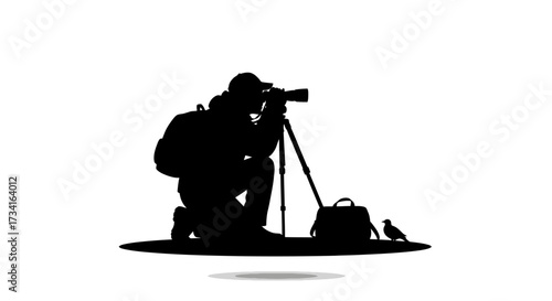 Dedicated photographer capturing wildlife with camera on tripod, seeking perfect shot