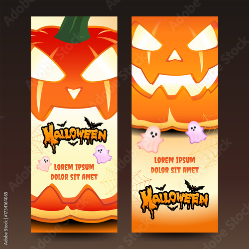 Bright Halloween banner featuring glowing pumpkin faces, cute ghosts, bats, and spider webs. Ideal for party invitations, seasonal posters, ads, and festive decoration designs.