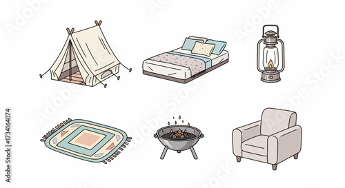 Vector art of camping and glamping furniture and equipment