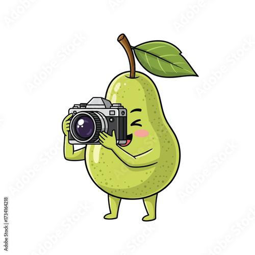 Vector illustration of cute cartoon pear character holding a vintage camera and taking a photo