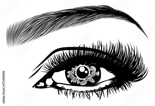 Illustration with woman's eye, eyelashes and eyebrow. Makeup Look. Tattoo design. Logo for brow bar or lash salon.