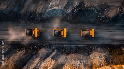 Coal mining from above, open pit mine, extractive industry for coal, top view