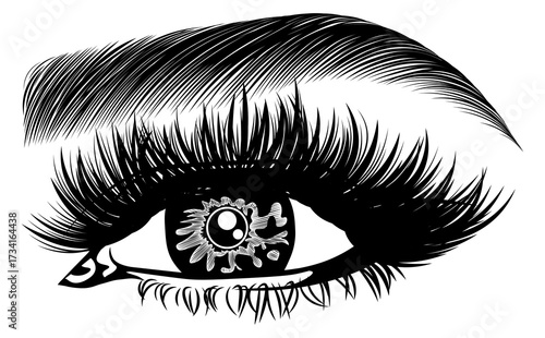 Illustration with woman's eye, eyelashes and eyebrow. Makeup Look. Tattoo design. Logo for brow bar or lash salon.
