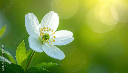 Close Up of a White Anemone Flower with Green Leaves and a Soft Focus Background in Sunlight