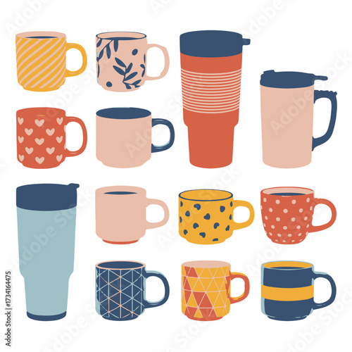 Collection of various coffee cups and mugs with diverse patterns and colors, perfect for beverage enjoyment