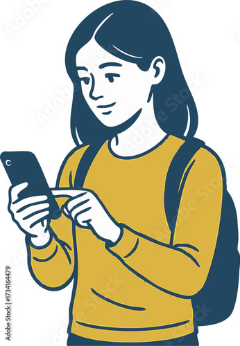 スマホを操作する女子学生イラスト / Female Student Using Smartphone Illustration