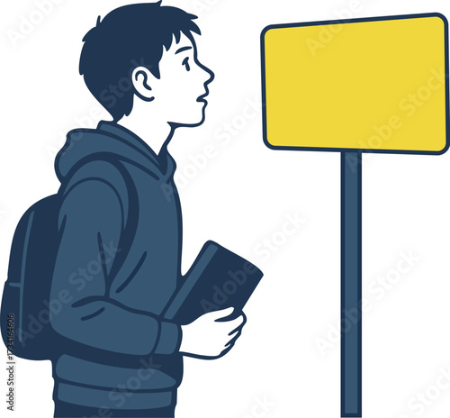 看板を見る学生のイラスト / Illustration of a Student Looking at a Signboard