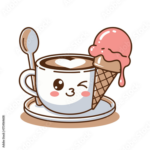 Cute Kawaii Coffee and Ice Cream Illustration A Sweet Treat for Your Senses with a Playful Cartoon Design