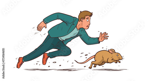 Frightened Man Escaping Rabies-Infected Animal - Vector Illustration