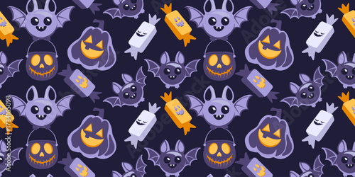 Flat vector seamless Halloween pattern with jack lanterns, bats, and candies in orange blue colors. Perfect for wrapping paper, textiles, web backgrounds, posters and holiday design.