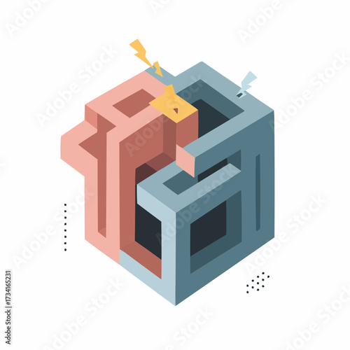 3D geometric cube design with abstract shapes and colors  