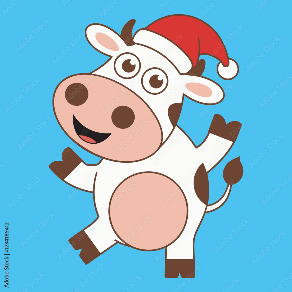Naklejka premium Cute Cartoon Cow Wearing Santa Hat Illustration, Cartoon Cow vector